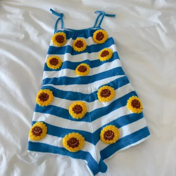 Stella McCartney Kids Girls Romper Size 8 Terry Cloth Yellow Sunflower Blue - Picture 5 of 6